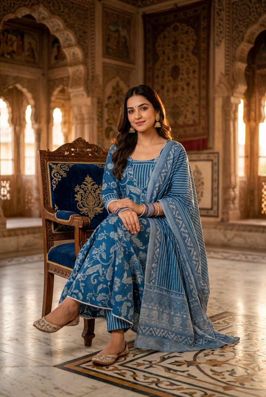 Sadhana Indigo Floral Anarkali Suit Set sitting view