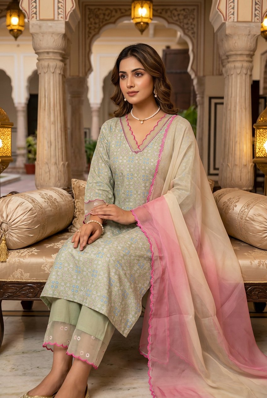 Sage green suit sitting