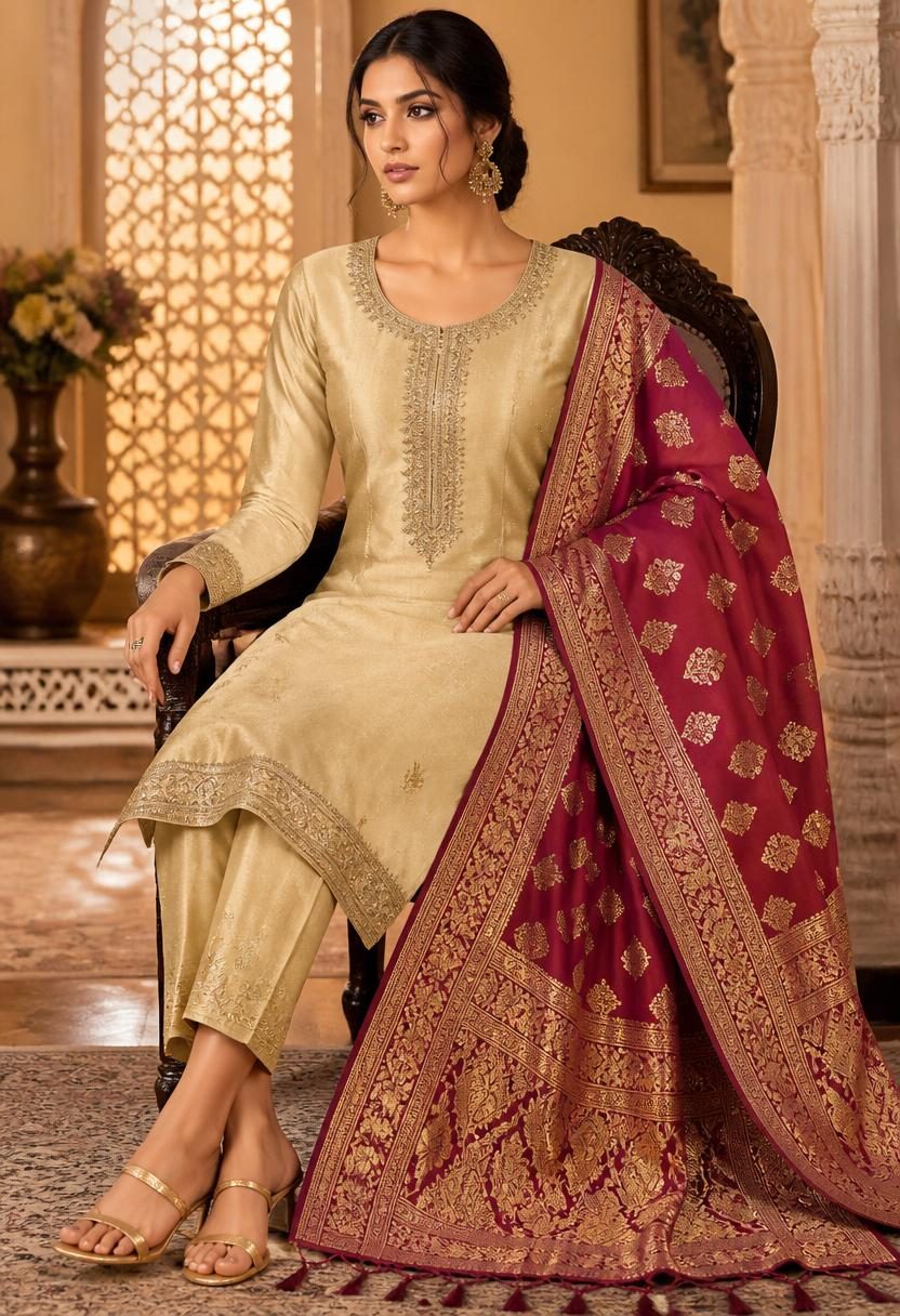 Sadhana Beige Kurta Suit Set with Banarasi Dupatta sitting view