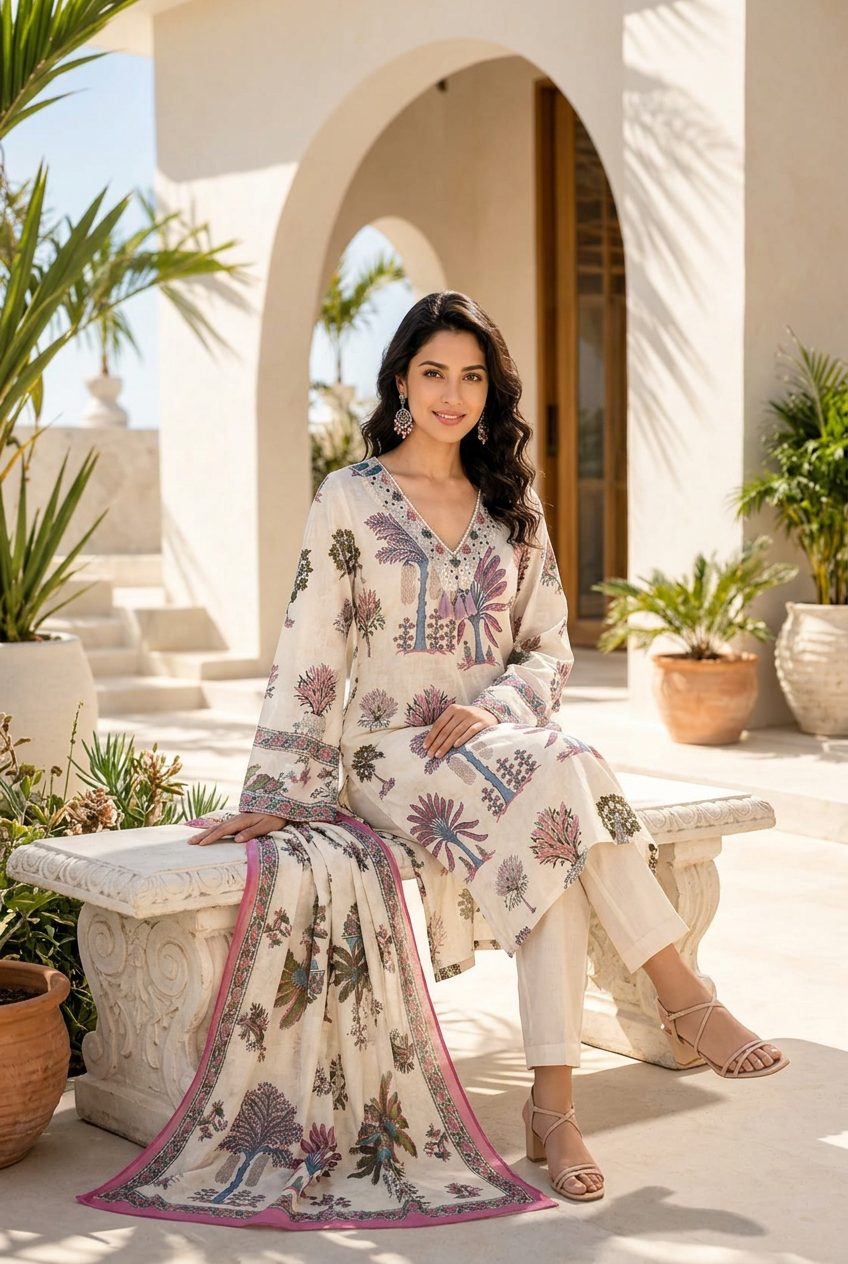 Seated pose - Ivory palm print cotton suit
