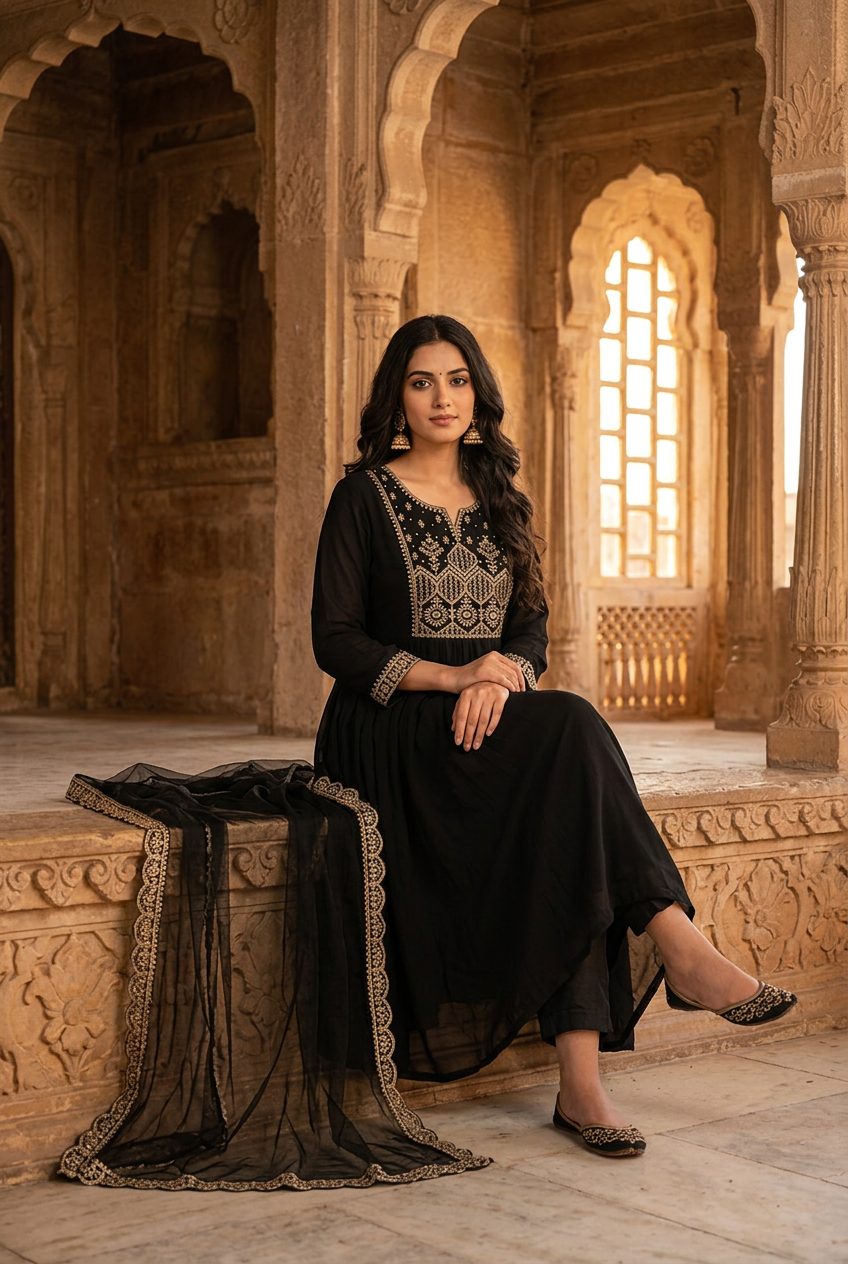 Sitting pose of Biba black zari embroidered anarkali suit set
