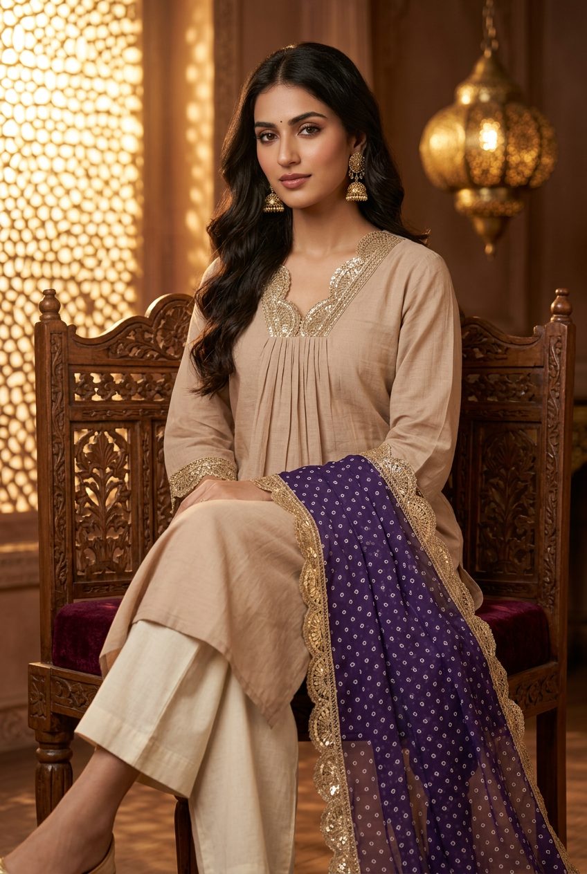 Sadhana beige suit sitting model shot