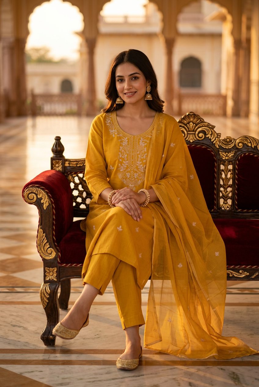 Sadhana Mustard Embroidered Kurta Suit Set sitting view