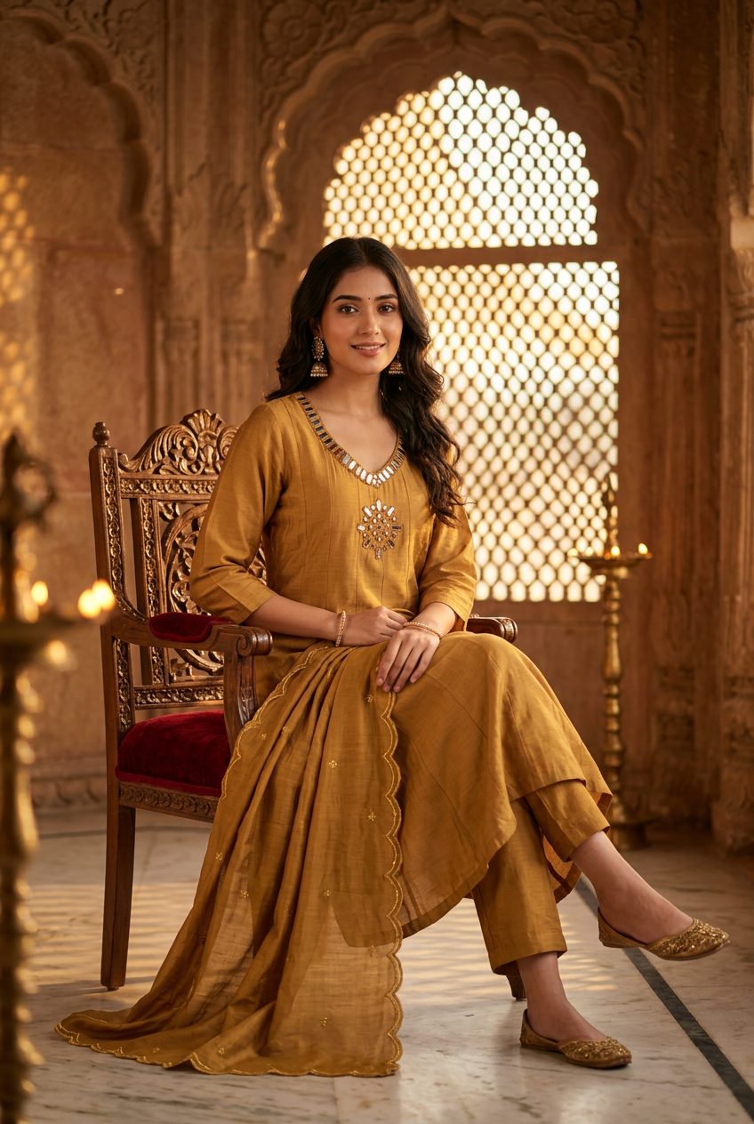 Mustard gold suit — sitting