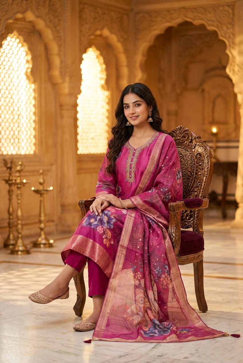 Fuchsia chanderi suit — sitting