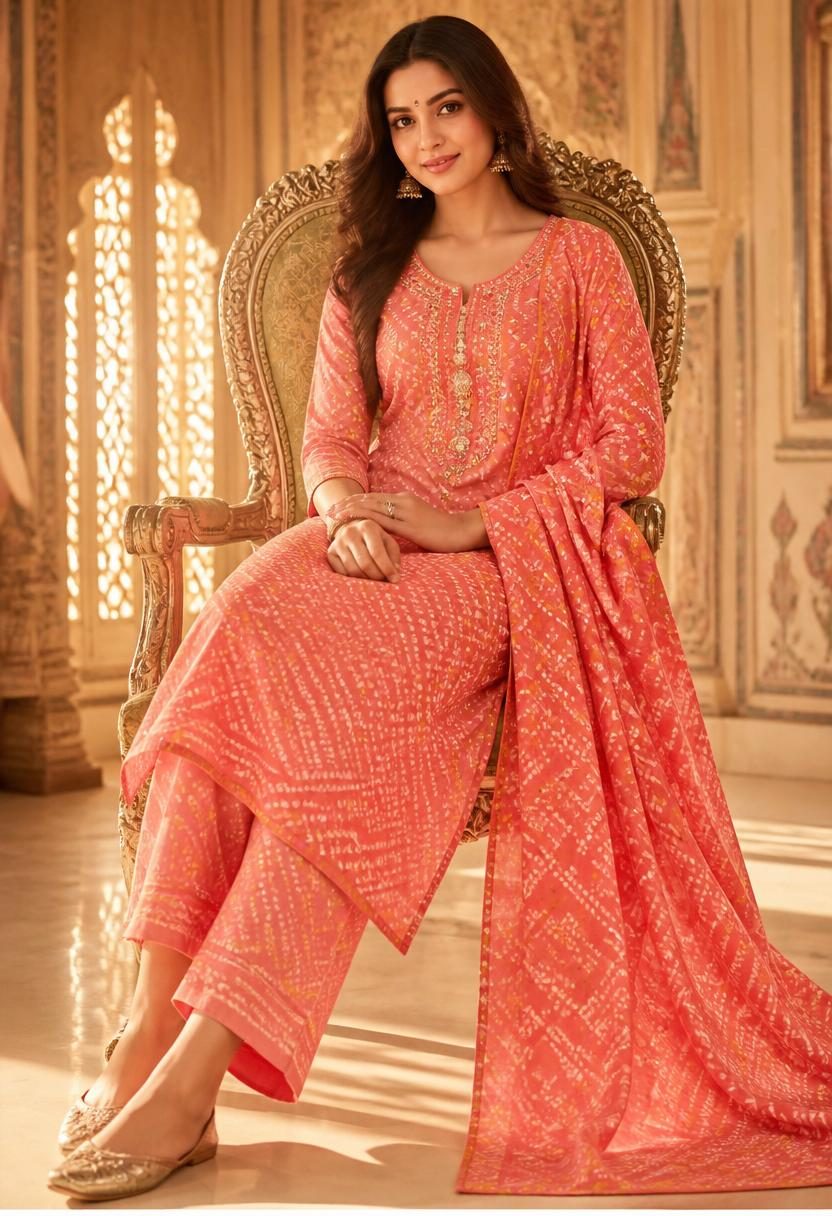 Sadhana Peach Bandhani Kurta Suit Set sitting view