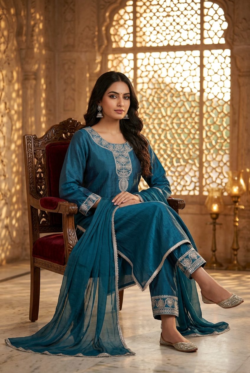 Sadhana teal suit sitting model shot