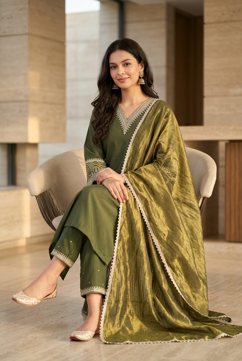 Olive green suit set seated elegantly