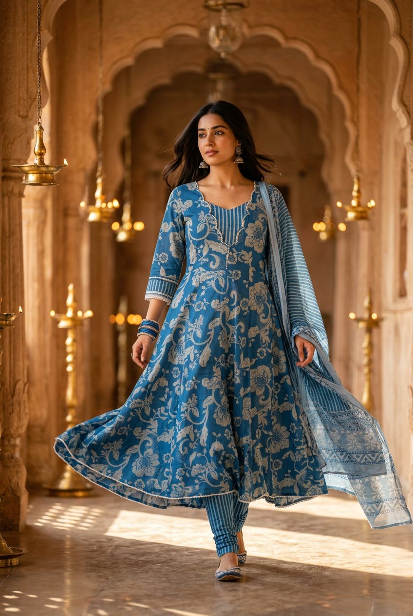 Sadhana Indigo Floral Anarkali Suit Set walking view