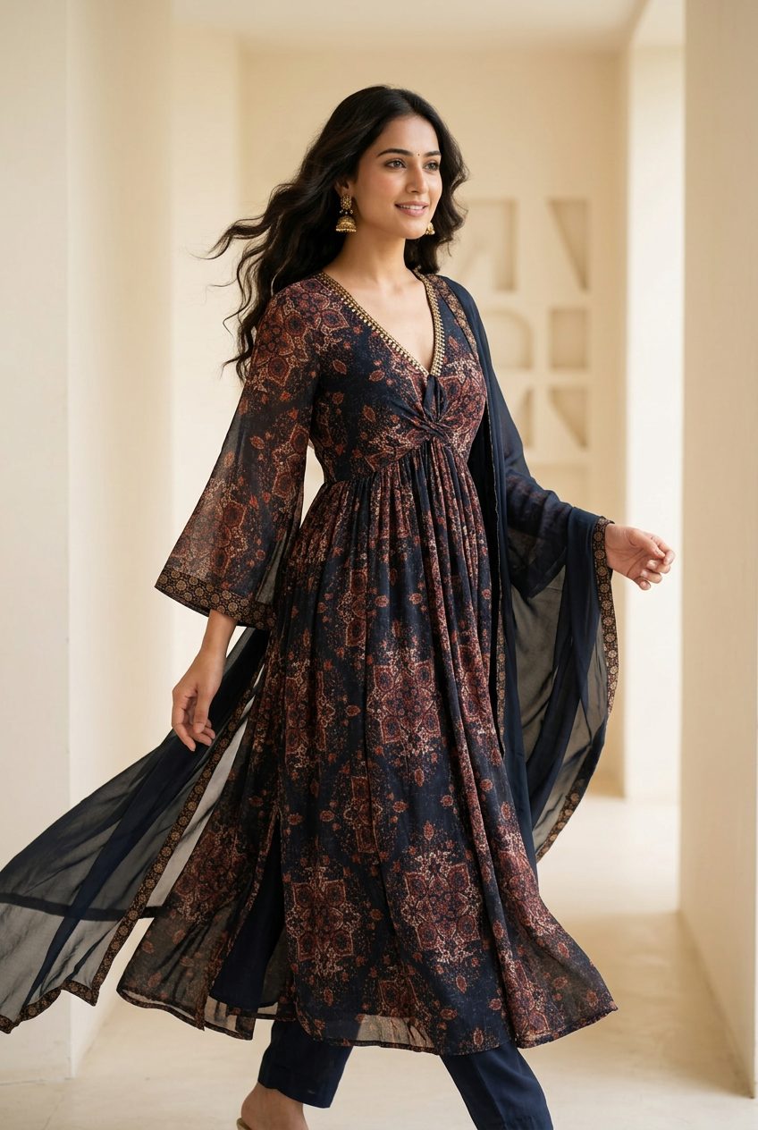 Navy Mughal anarkali walking