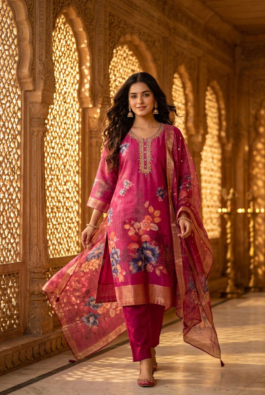 Fuchsia chanderi suit — walking