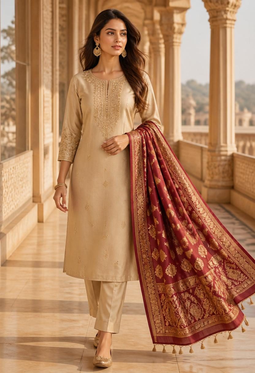 Sadhana Beige Kurta Suit Set with Banarasi Dupatta walking view