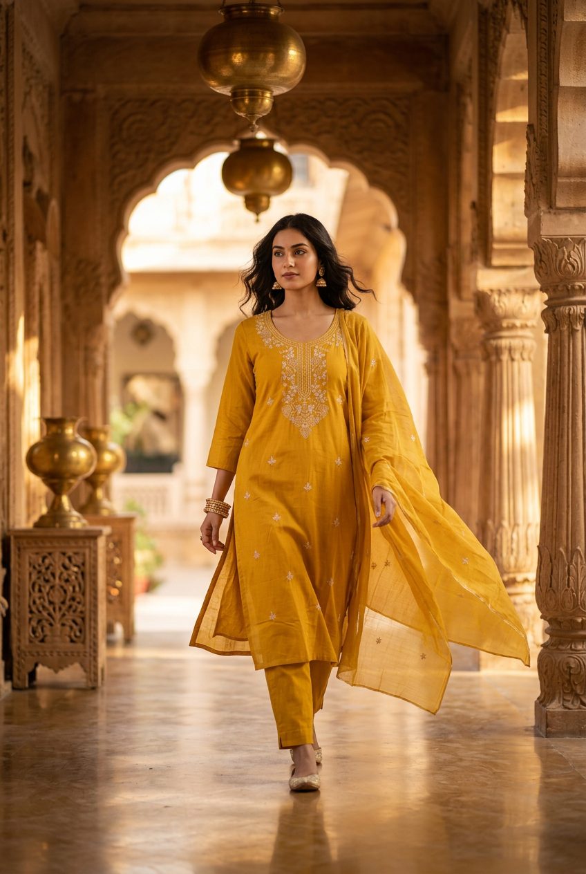 Sadhana Mustard Embroidered Kurta Suit Set walking view