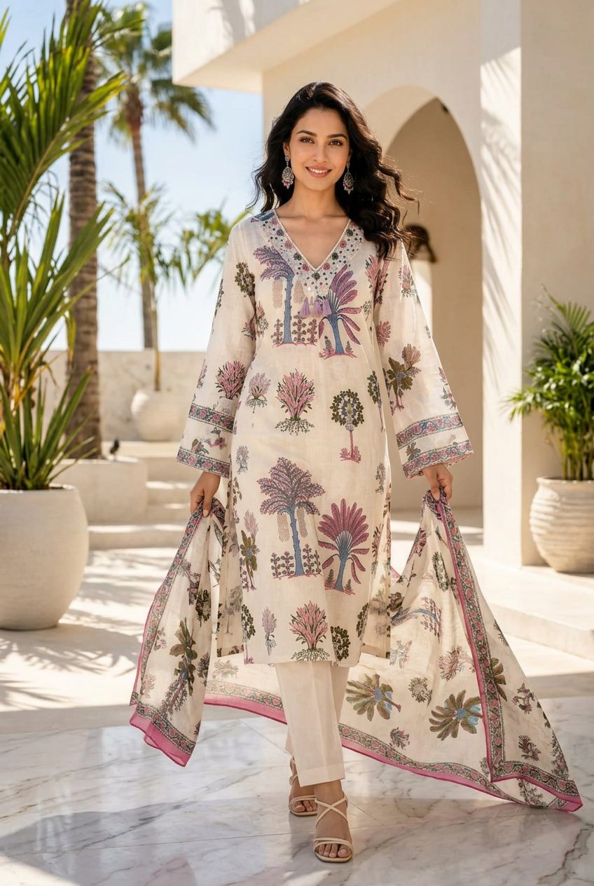 Walking pose - Ivory palm print cotton suit