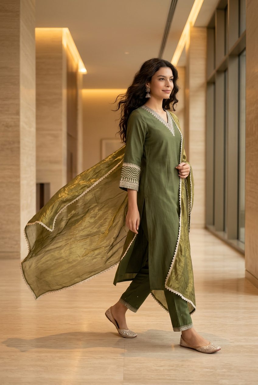 Olive green suit set walking with flowing dupatta