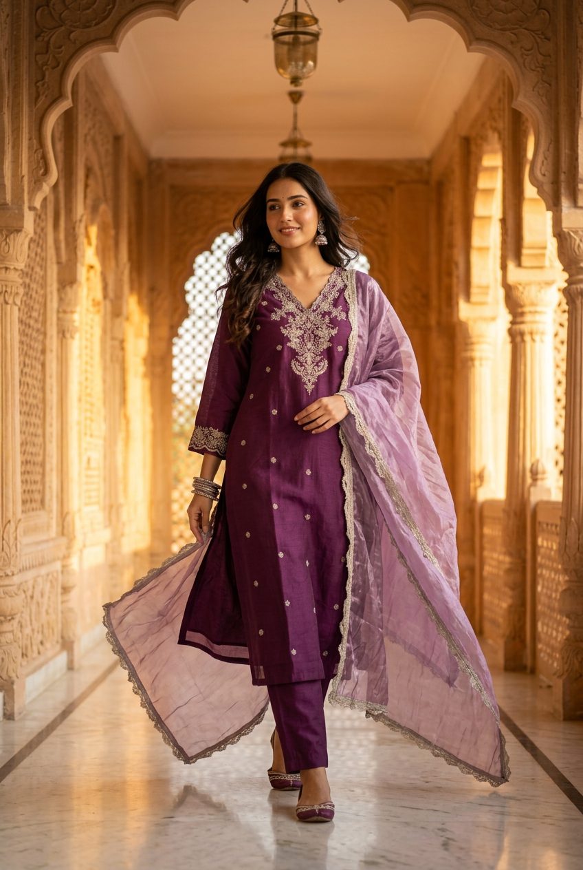 Wine purple embroidered suit — walking