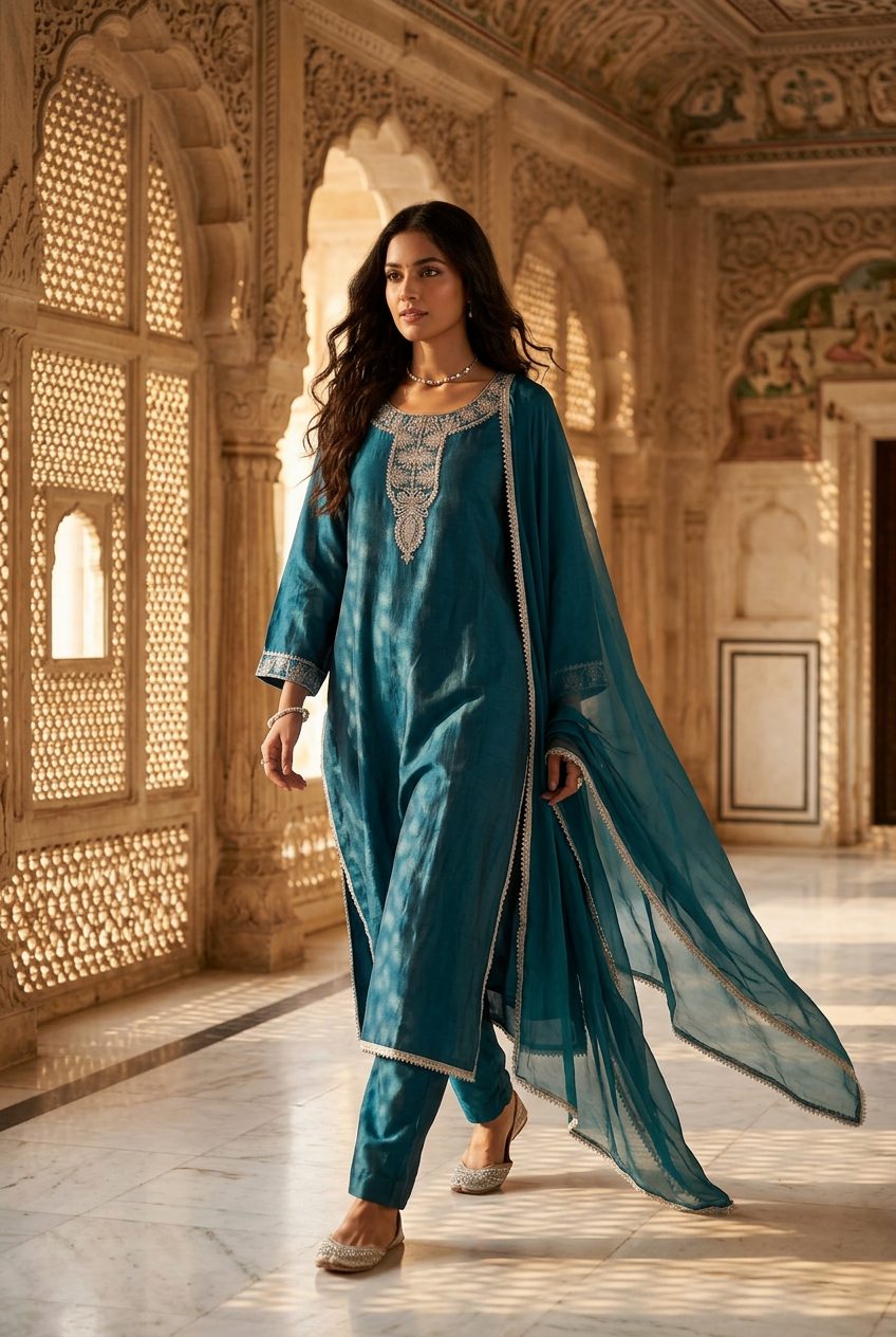 Sadhana teal suit walking model shot