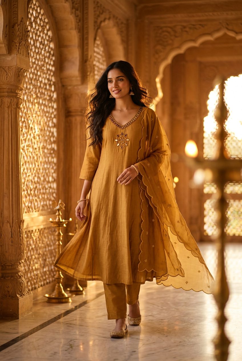 Mustard gold suit — walking