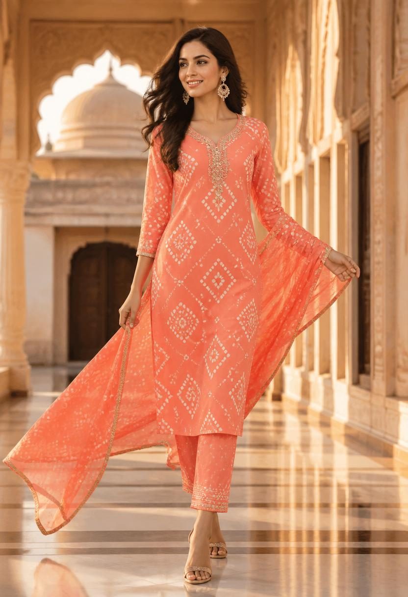 Sadhana Peach Bandhani Kurta Suit Set walking view
