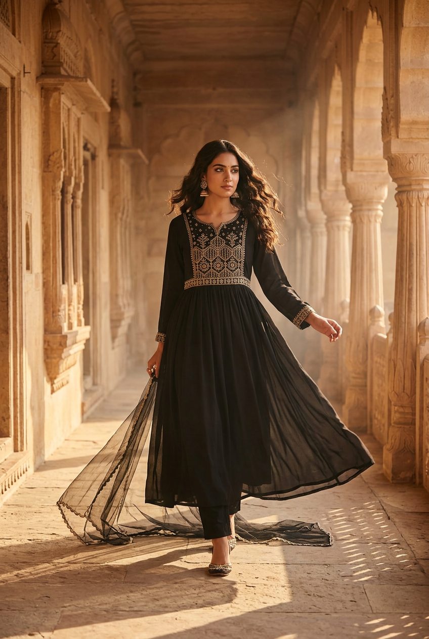 Walking pose of Biba black zari embroidered anarkali suit set
