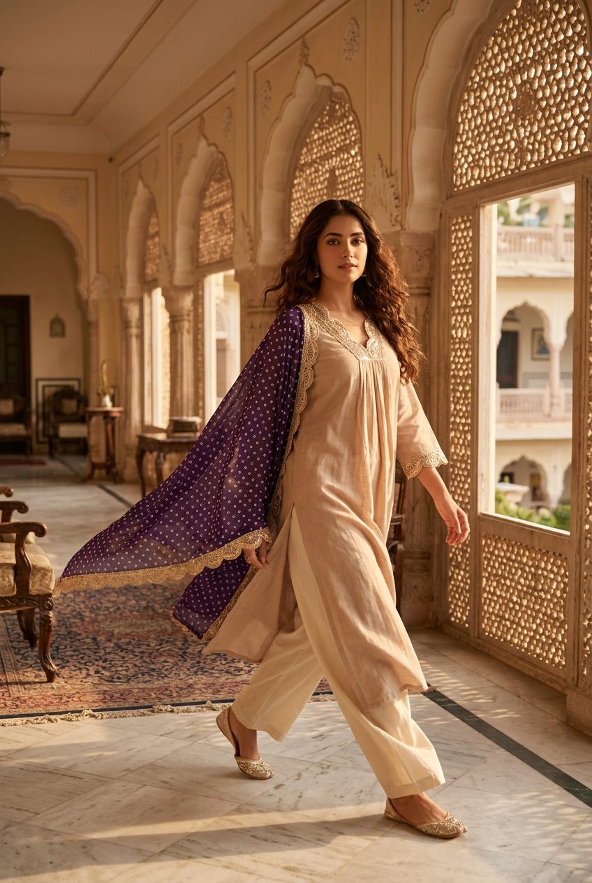 Sadhana beige suit walking model shot