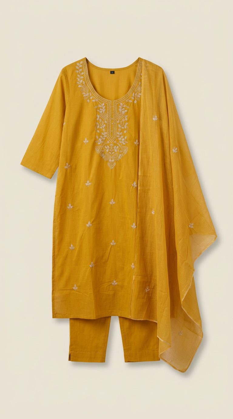 Sadhana Mustard Embroidered Kurta Suit Set catalog flatlay