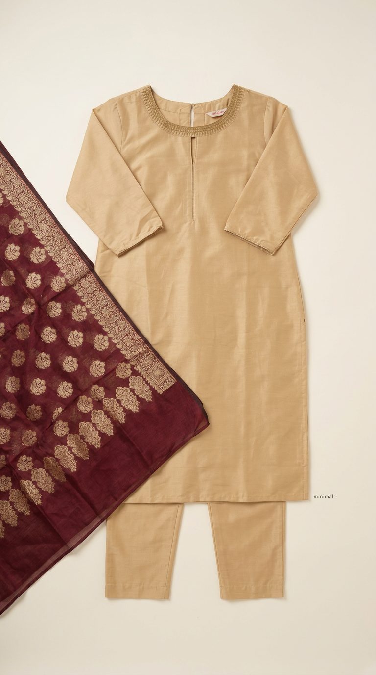 Sadhana Beige Kurta Suit Set with Banarasi Dupatta catalog flatlay