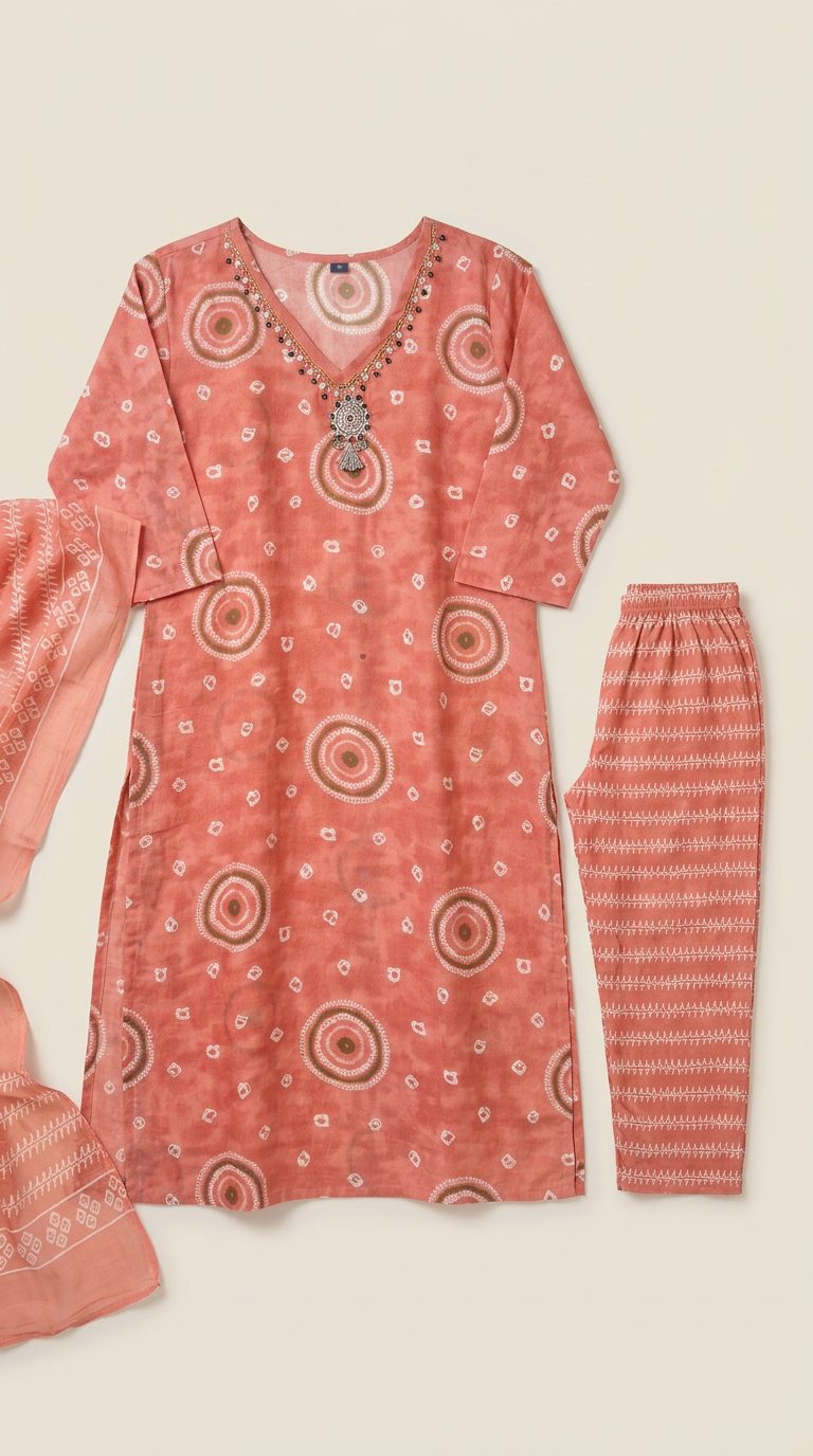 Sadhana Peach Bandhani Kurta Suit Set catalog flatlay