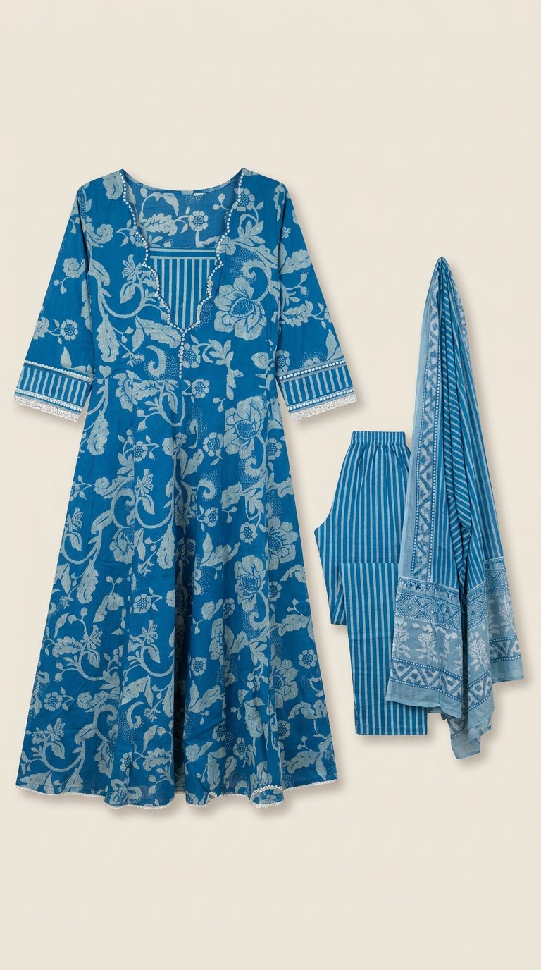 Sadhana Indigo Floral Anarkali Suit Set catalog flatlay
