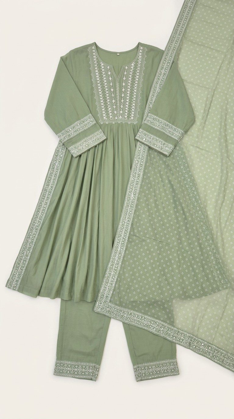 Sadhana sage green mirror-embroidered anarkali suit catalog image