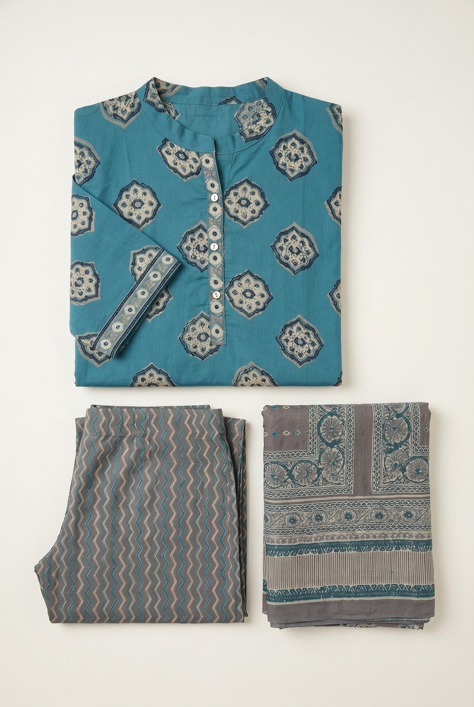 Sadhana teal medallion-print suit catalog image