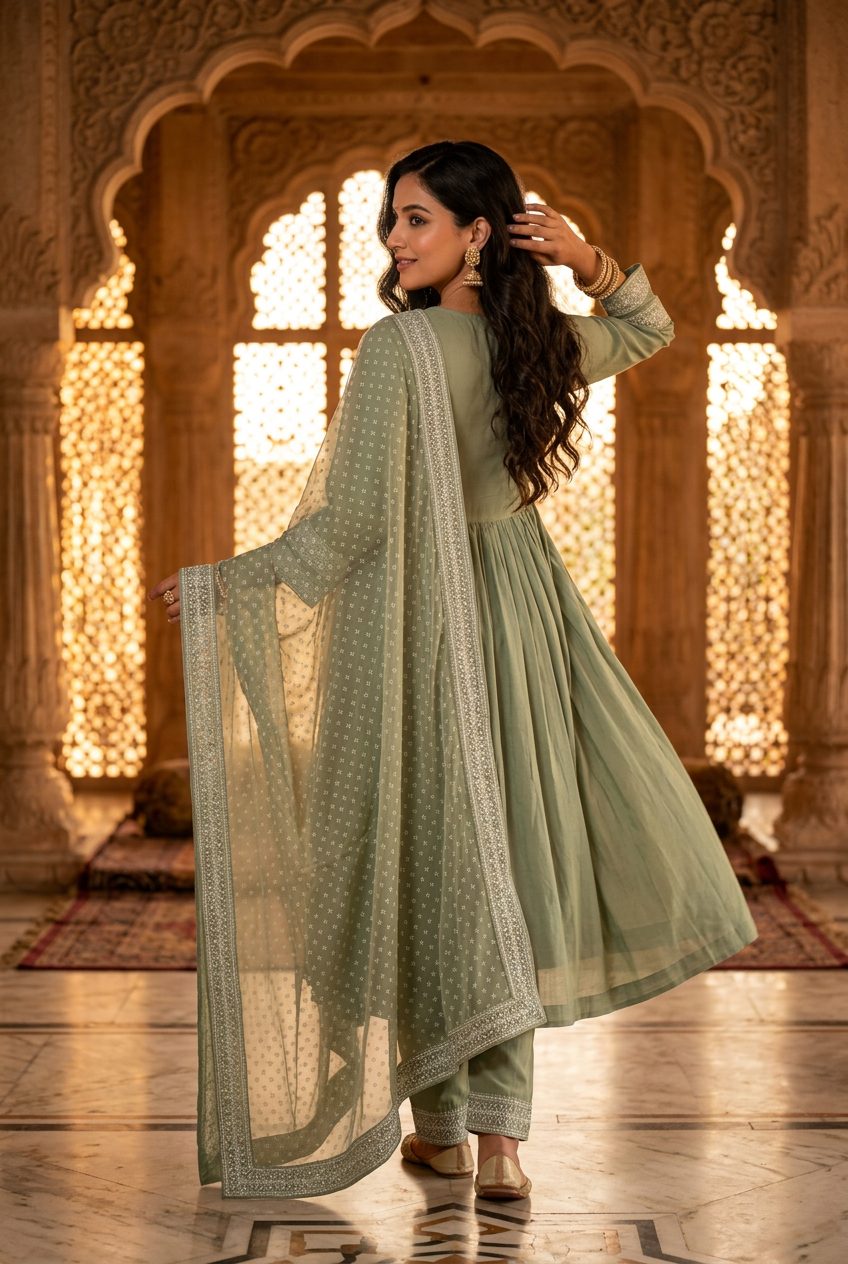 Sadhana sage green mirror-embroidered anarkali suit back view