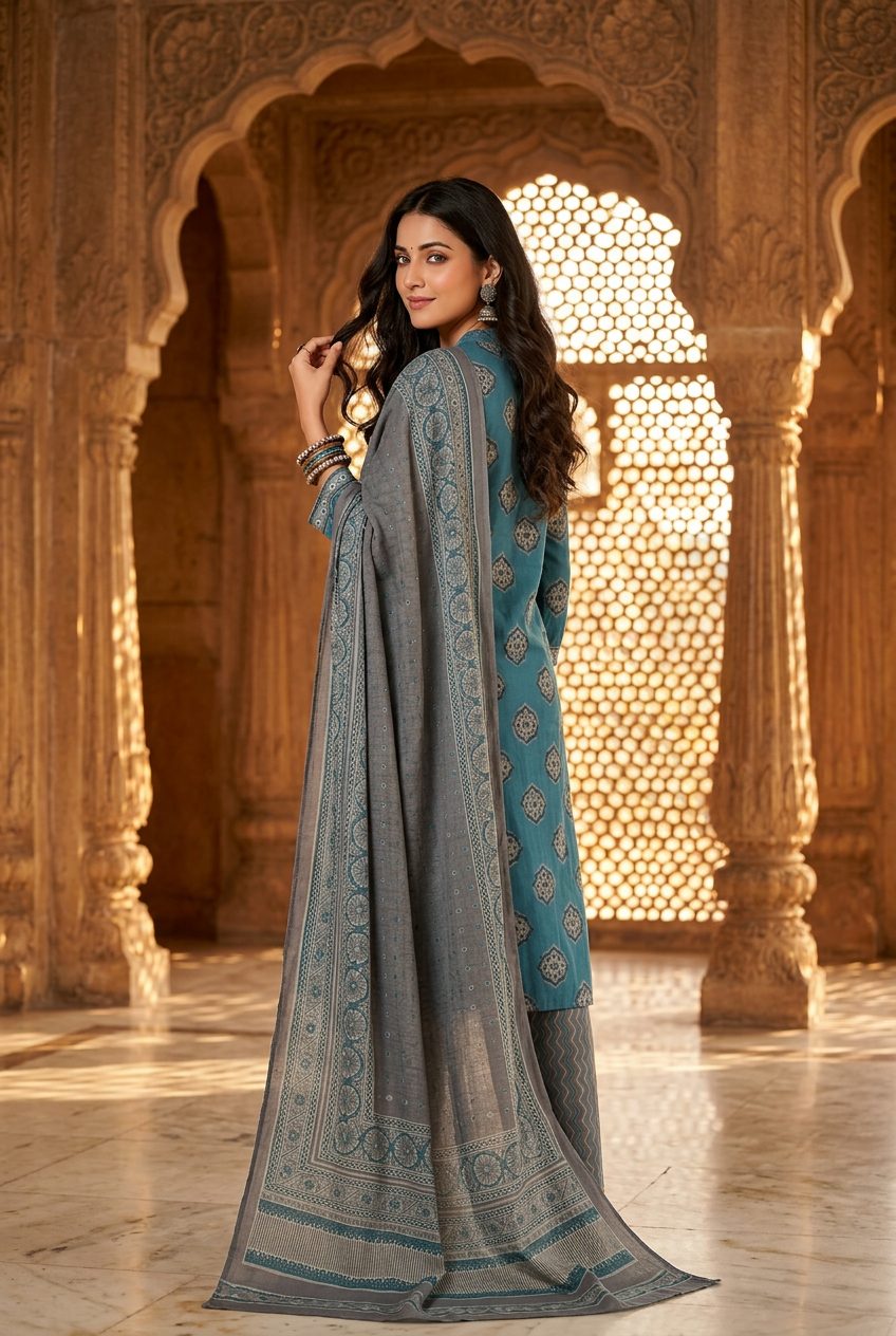 Sadhana teal medallion-print suit back view