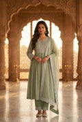 Sadhana sage green mirror-embroidered anarkali suit front view