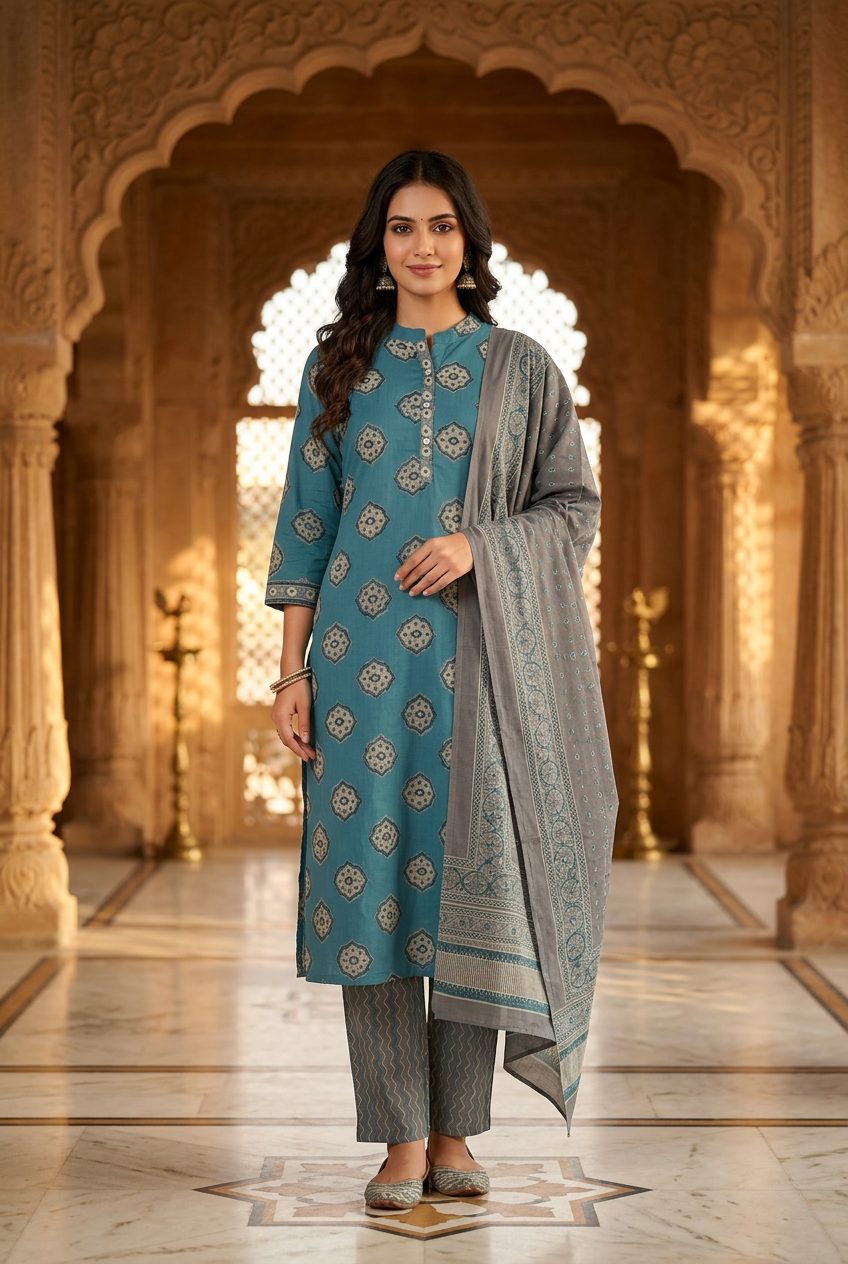 Sadhana teal medallion-print suit front view