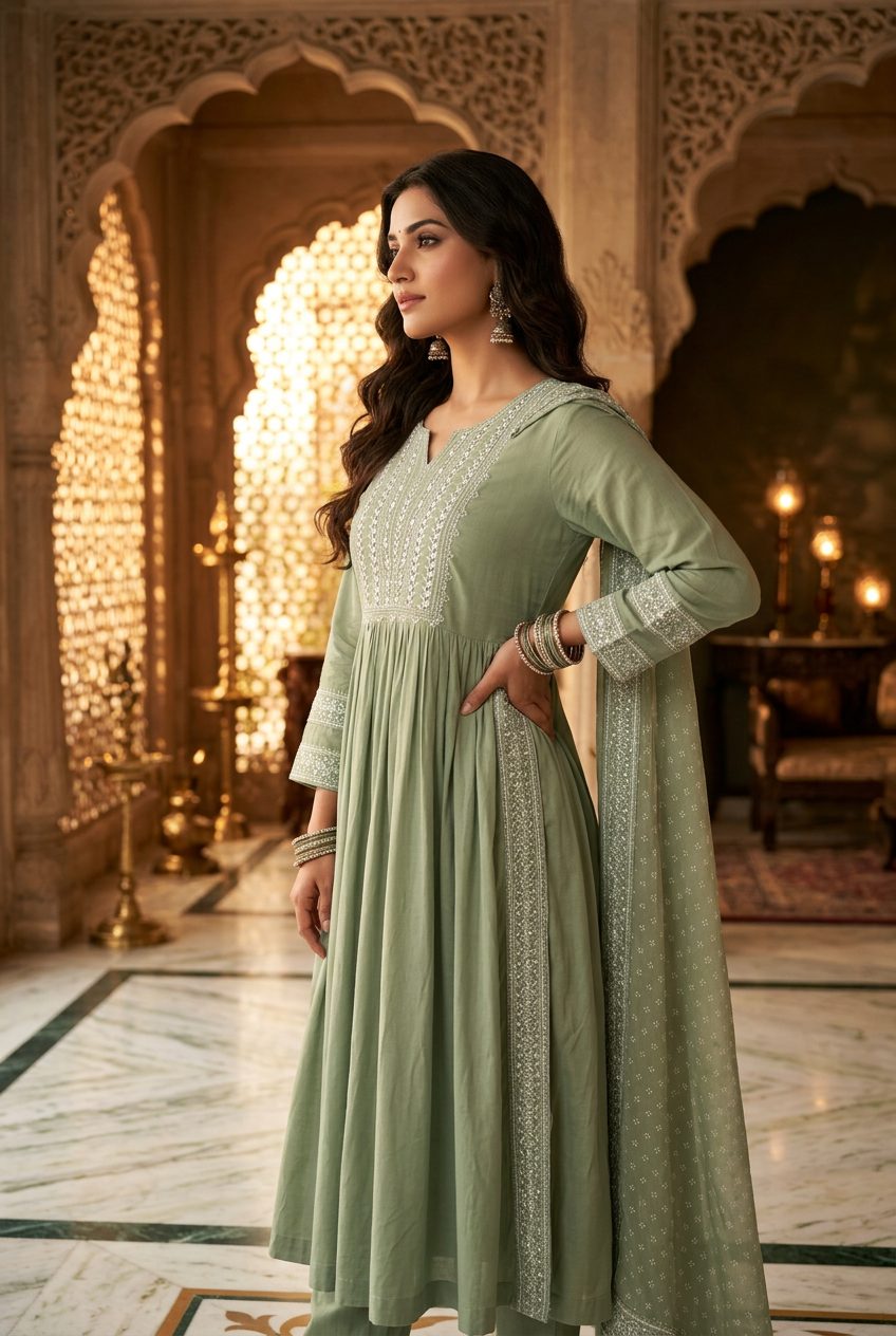 Sadhana sage green mirror-embroidered anarkali suit side view