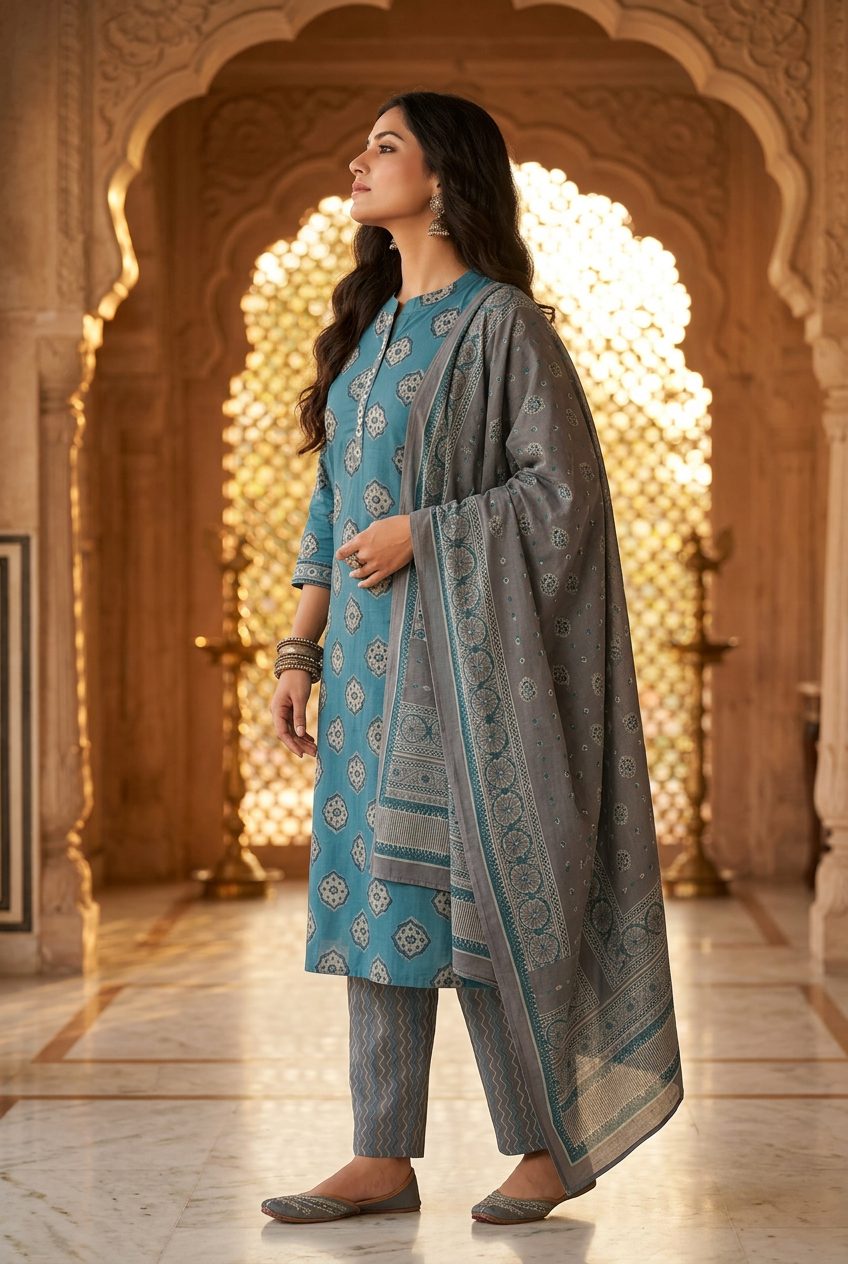 Sadhana teal medallion-print suit side view