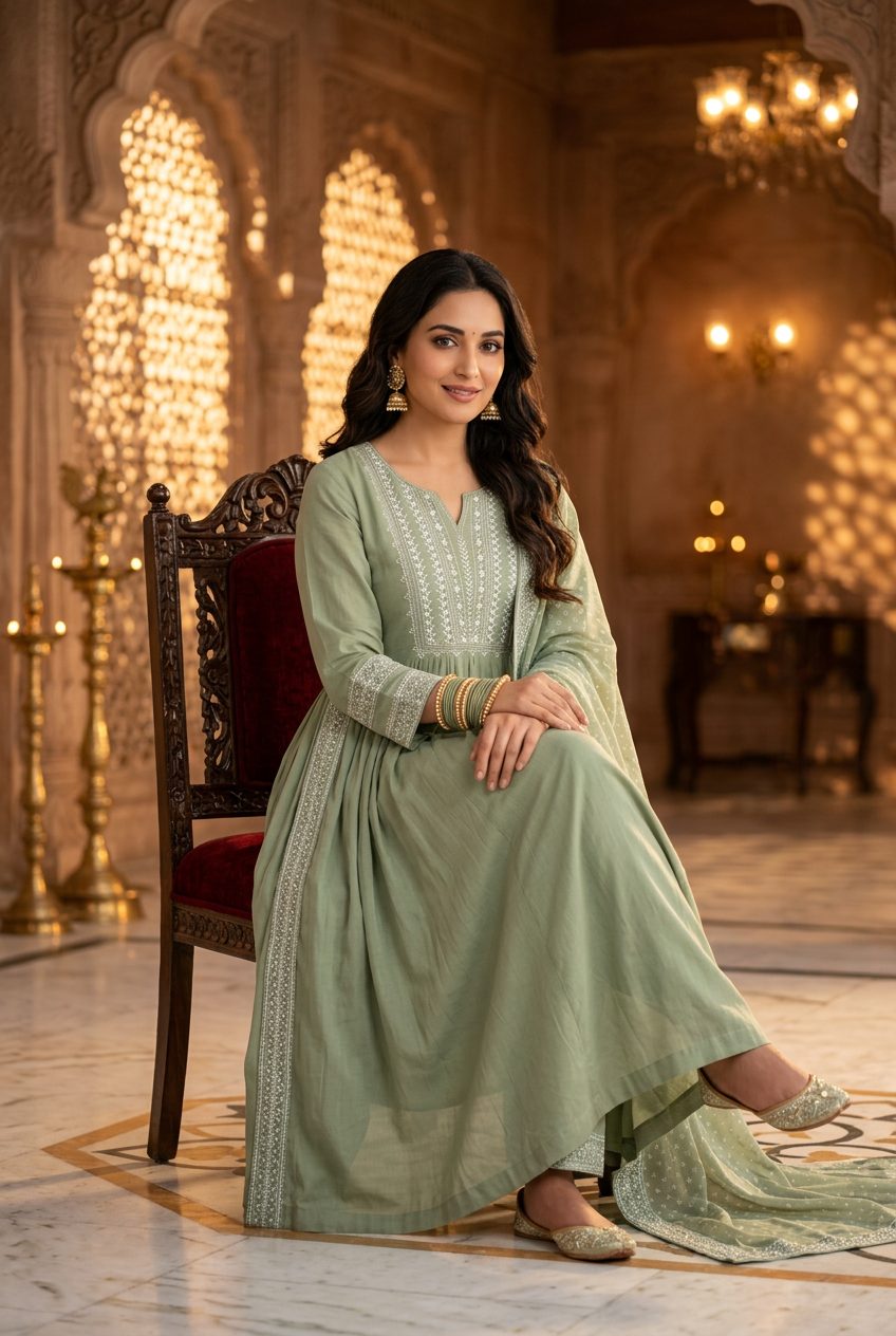 Sadhana sage green mirror-embroidered anarkali suit seated view