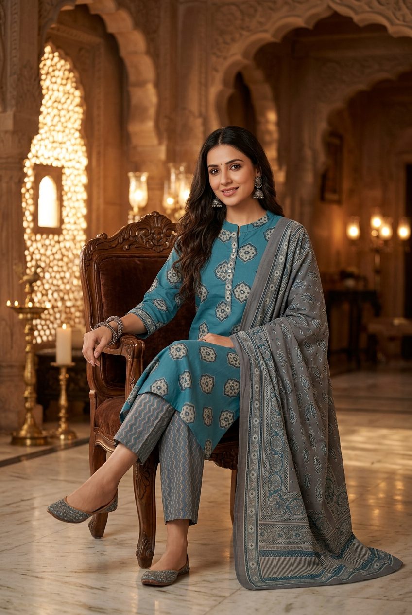 Sadhana teal medallion-print suit seated view
