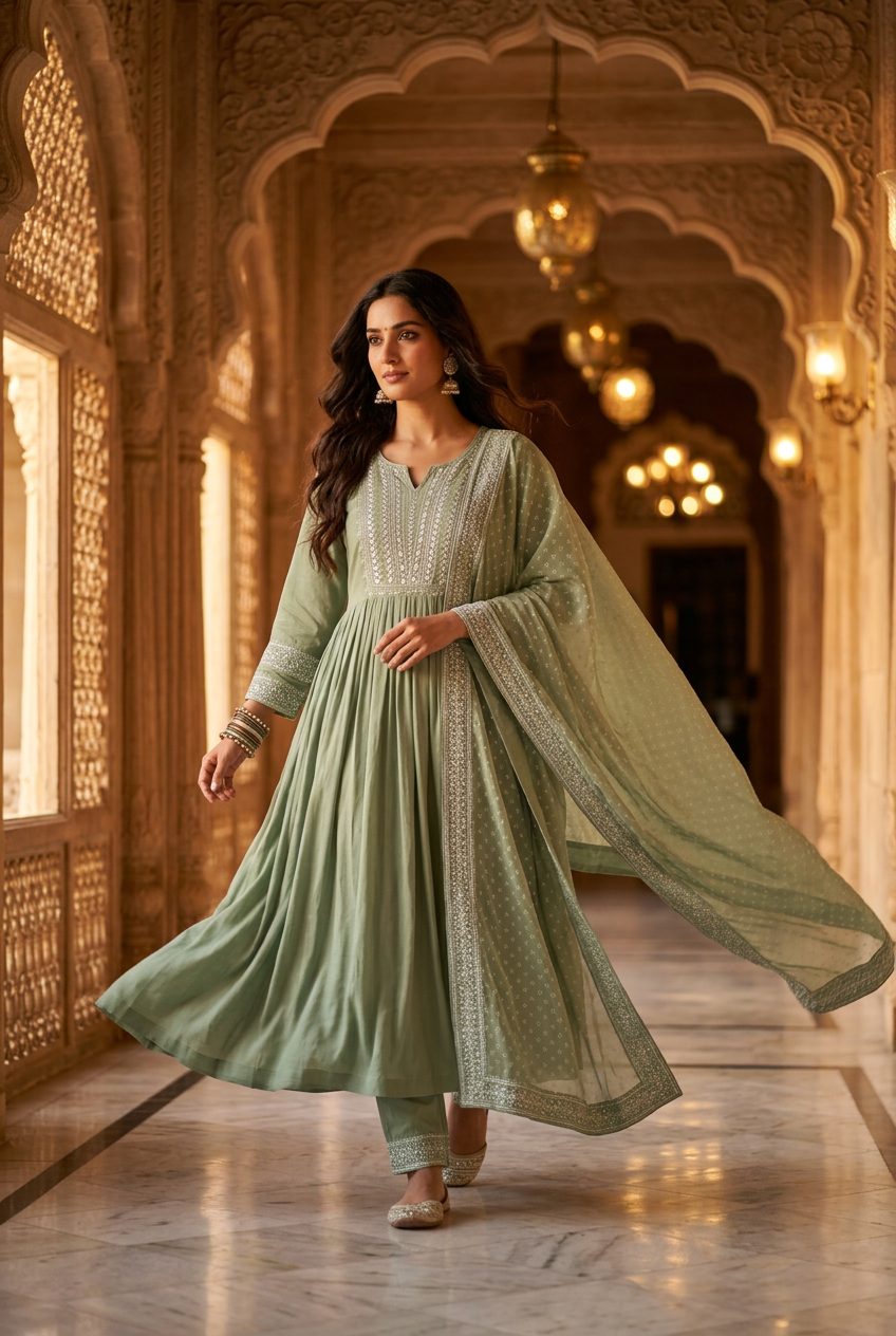 Sadhana sage green mirror-embroidered anarkali suit walking view