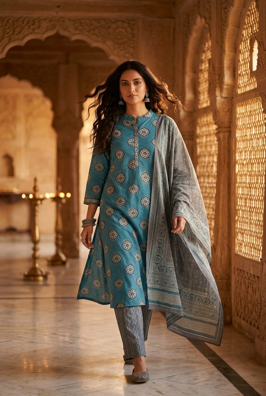 Sadhana teal medallion-print suit walking view